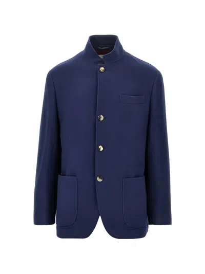 Brunello Cucinelli High-neck Long-sleeved Coat In Blue