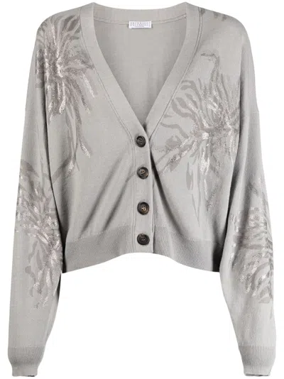 Brunello Cucinelli Marine Flower V-neck Cardigan In Grey