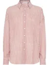 Brunello Cucinelli Bordeaux Stripe Linen-cotton Blend Shirt In Pink