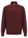 Brunello Cucinelli Cashmere Polo Shirt With Ribbed Cuffs And Hem In Burgundy