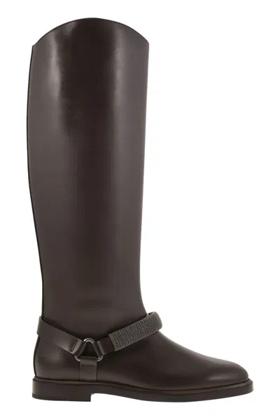BRUNELLO CUCINELLI BRUNELLO CUCINELLI MAT CALF BOOTS WITH PRECIOUS RIBBED STRAP