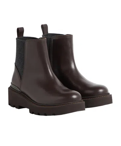 Brunello Cucinelli Matte Calfskin And Stretch Virgin Wool Chelsea Boots With Monili In Brown