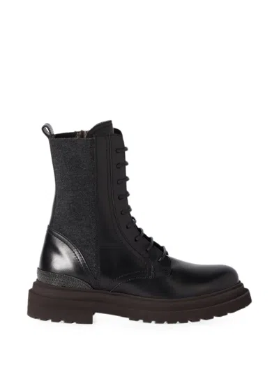 Brunello Cucinelli Matte Calfskin And Virgin Wool Flannel Boots With Precious Detail In Black