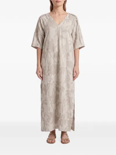 Brunello Cucinelli Maxi Leaf-pattern V-neck Dress In Gray