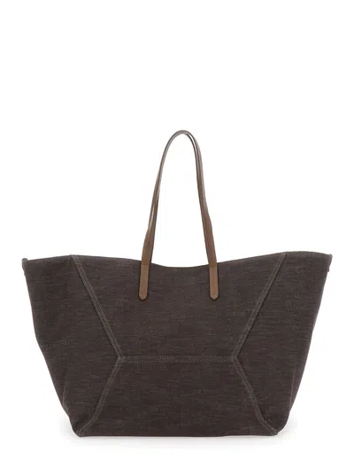 BRUNELLO CUCINELLI BRUNELLO CUCINELLI WOMEN 'DUO' BROWN SHOULDER BAG WITH TWO FLAT HANDLES AND CONCEALED MAGNETIC CLOSU