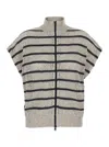 Brunello Cucinelli Beige Cardigan With High Neck And All-over Striped Motif In Linen Blend Woman In Beige