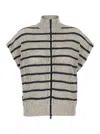 Brunello Cucinelli Beige Cardigan With High Neck And All-over Striped Motif In Linen Blend Woman In Beige