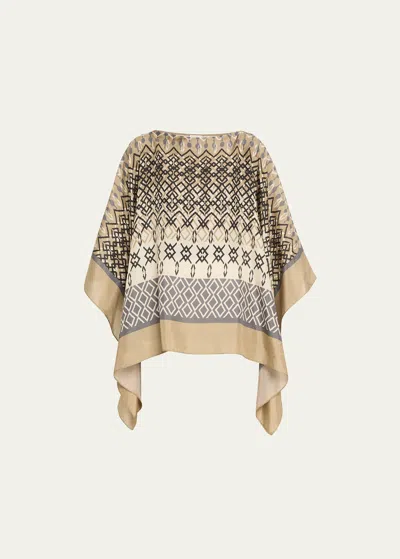 Brunello Cucinelli Mediterraneo Print Silk Poncho In C6001 Sand