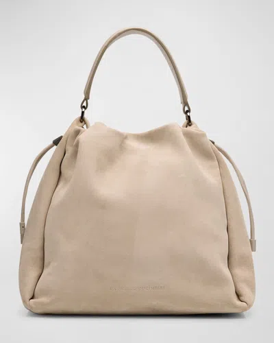 Brunello Cucinelli Medium Drawstring Suede Top-handle Bag In Gold