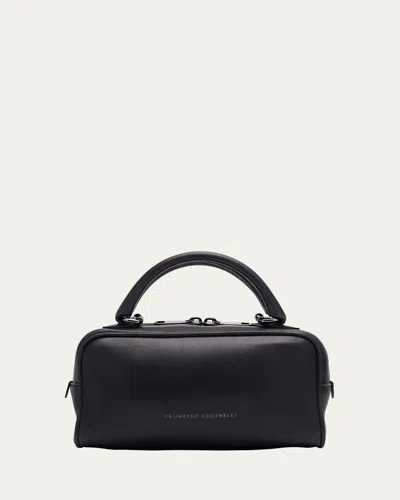 Brunello Cucinelli Medium Glossy Napa Boston Top-handle Bag In Navy