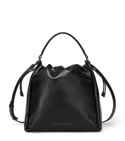 Brunello Cucinelli Medium Leather Mellow Bucket Bag In Black