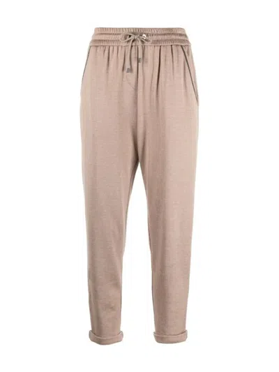 Brunello Cucinelli Mélange Effect Cotton-blend Tapered Trousers In 中性色
