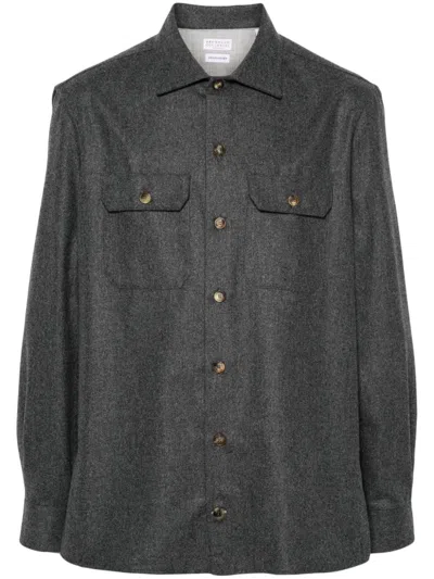 Brunello Cucinelli Virgin Wool Shirt With Patch Pockets In Grey
