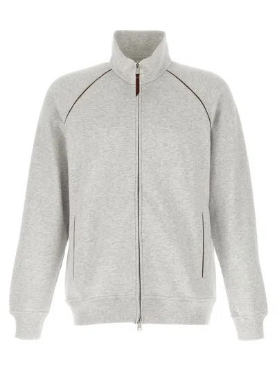 BRUNELLO CUCINELLI BRUNELLO CUCINELLI MELANGE GAUZE COTTON SWEATSHIRT WITH LEATHER DETAILING