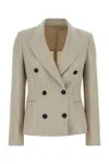 Brunello Cucinelli Women Double-breasted Jacket In Linen And Cotton With Chevron Pattern In Brown