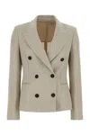 Brunello Cucinelli Women Double-breasted Jacket In Linen And Cotton With Chevron Pattern In Neutral