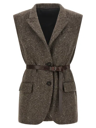 Brunello Cucinelli Collarless Sleeveless Vest In Brown