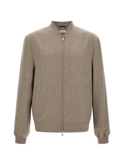 Brunello Cucinelli Cashmere Flannel Bomber Jacket Ribbed Trims In Brown