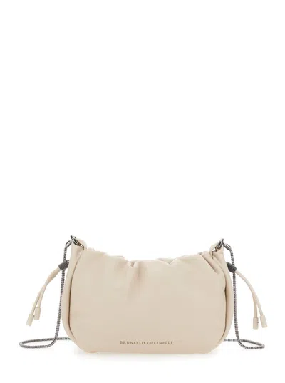 Brunello Cucinelli Mellow Beige Crossbody Bag With Drawstring Closure And Chain Shoulder Strap In Leather Woman