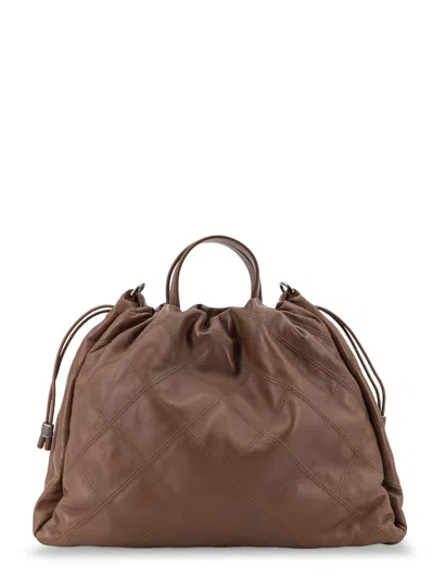 Brunello Cucinelli Mellow Quilted Leather Shopper Bag With Monile In Brown