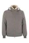 Brunello Cucinelli Men Membranated Wool Flannel Down Jacket With Shearling-lined Collar