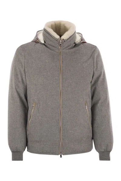 BRUNELLO CUCINELLI BRUNELLO CUCINELLI MEMBRANATED WOOL FLANNEL DOWN JACKET WITH SHEARLING-LINED COLLAR