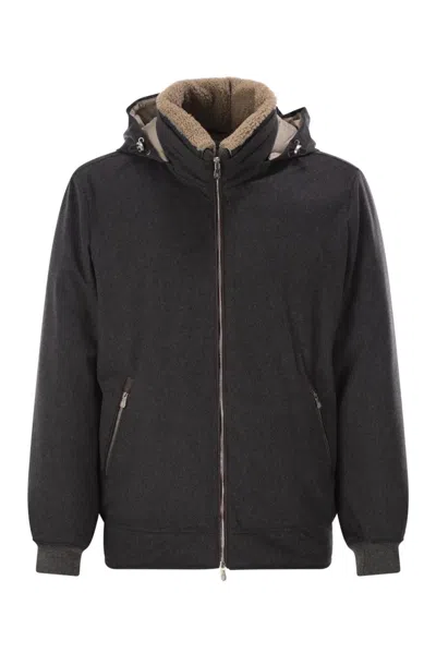 Brunello Cucinelli Membranated Wool Flannel Down Jacket With Shearling-lined Collar In Animal Print