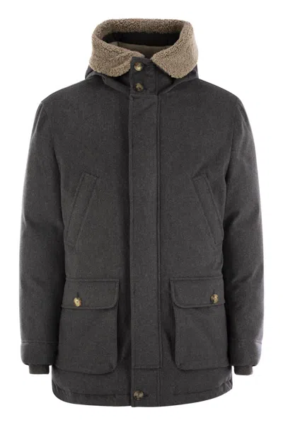 BRUNELLO CUCINELLI BRUNELLO CUCINELLI MEMBRANATED WOOL FLANNEL PARKA DOWN JACKET WITH HOOD AND SHEARLING INSERT