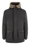 Brunello Cucinelli Men Membranated Wool Flannel Parka Down Jacket With Hood And Shearling Insert In Grey