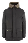Brunello Cucinelli Men Membranated Wool Flannel Parka Down Jacket With Hood And Shearling Insert In Gray