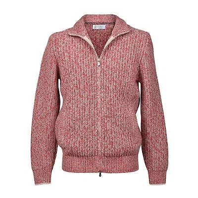 Pre-owned Brunello Cucinelli Men's 100% Cashmere Heavy Knit Cardigan Style Zip Up Sweater In Red/gray