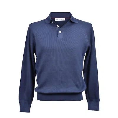 Pre-owned Brunello Cucinelli Men's 100% Cotton English Rib 1/4 Button Cobalt Sweater In Blue