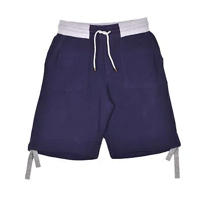 Pre-owned Brunello Cucinelli Men's 100% Cotton Two Tone Ribbed Gym Shorts In Blue
