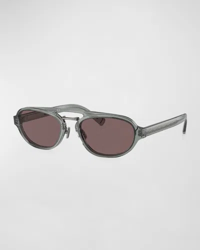 Brunello Cucinelli Men's Acetate Oval Sunglasses In Gray