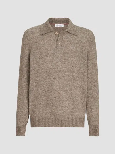 Brunello Cucinelli Alpaca, Cashmere And Wool Knit Polo In Brown