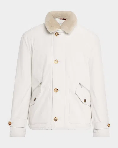 Brunello Cucinelli Men & Apos;s Bomber Jacket With Detachable Shearling Collar In White