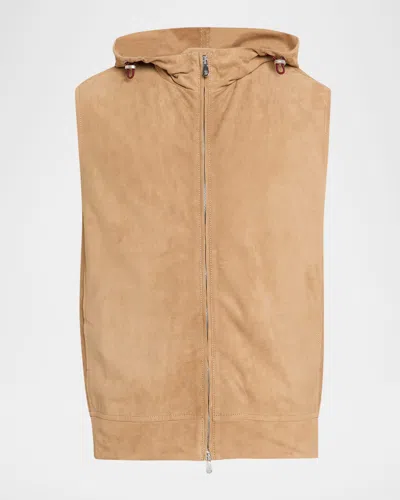 Brunello Cucinelli Men & Apos;s Hooded Full-zip Leather Vest In Brown