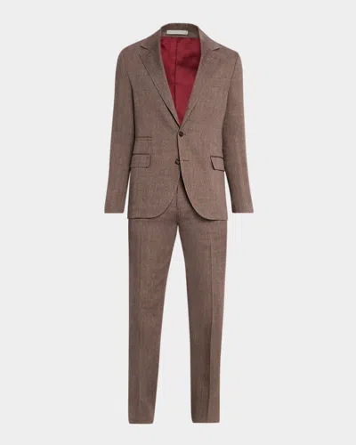 Brunello Cucinelli Men & Apos;s Linen And Wool Herringbone Two-piece Suit In Brown