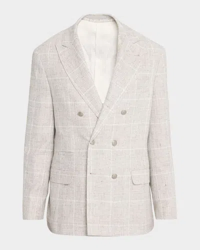 Brunello Cucinelli Men & Apos;s Linen Glen Plaid Double-breasted Sport Coat In White