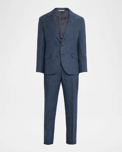 Brunello Cucinelli Men & Apos;s Linen Houndstooth Two-piece Suit In Blue