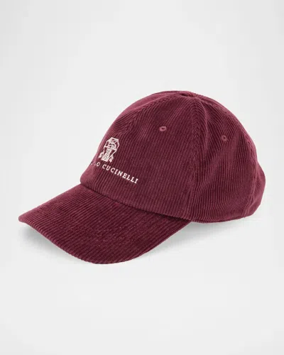 Brunello Cucinelli Men & Apos;s Logo Crest Corduroy Baseball Cap In Burgundy
