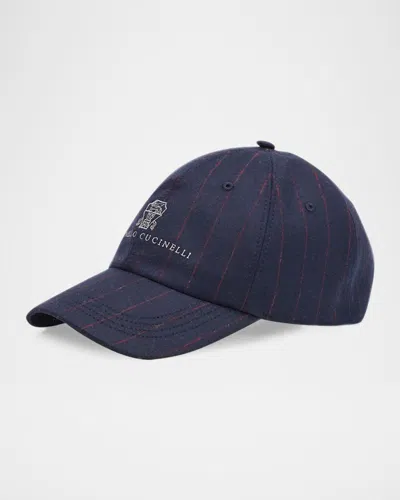 Brunello Cucinelli Men & Apos;s Logo Pinstripe Virgin Wool Baseball Cap In Ceq18 Navy