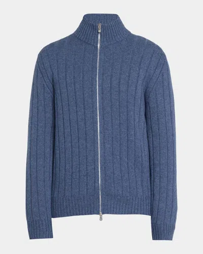 Brunello Cucinelli Men & Apos;s Ribbed Cashmere Cardigan In Blue
