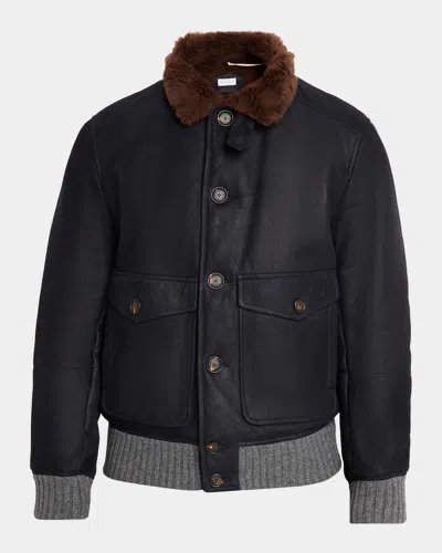 Brunello Cucinelli Men & Apos;s Shearling-collar Leather Bomber Jacket In Black