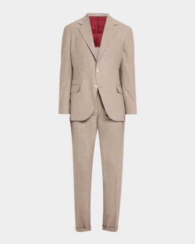 Brunello Cucinelli Men & Apos;s Wool. Silk And Linen Sharkskin Two-piece Suit In Brown