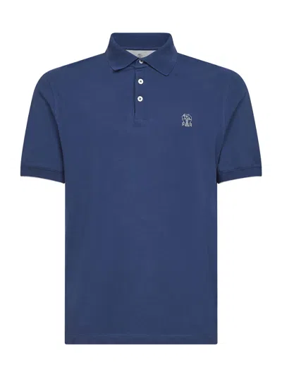 Brunello Cucinelli Men Avio Blue Cotton Pique Logo Polo Shirt In Multi