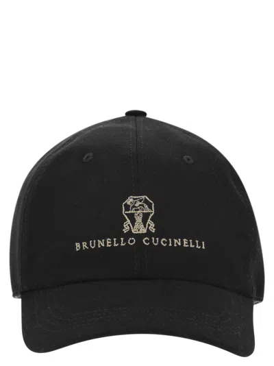 Brunello Cucinelli Men Baseball Cap In Garment-dyed Twisted Cotton Gabardine With Embroidered Logo In Black