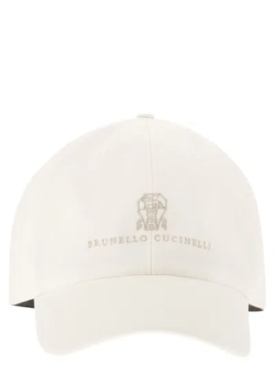 Brunello Cucinelli Men Baseball Cap In Garment-dyed Twisted Cotton Gabardine With Embroidered Logo In White