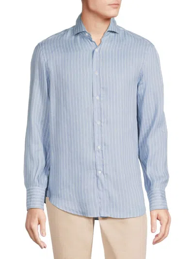 Brunello Cucinelli Men's Basic Fit Linen Blend Striped Shirt In Blue White