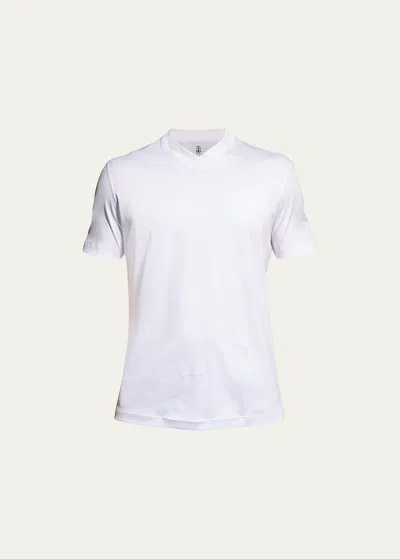 Brunello Cucinelli Men's Basic-fit V-neck T-shirt In White